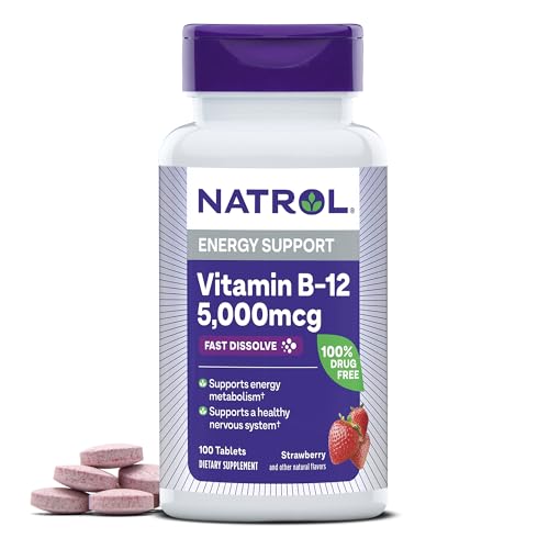 Natrol Vitamin B-12 5000mcg, Dietary Supplement for Energy and Healthy Nervous System Support, 100 Strawberry-Flavored Fast Dissolve Tablets, 100 Day Supply