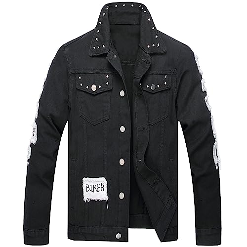 LZLER Black Denim Jacket With Patches Classic 80S Street Wear Stylish Cool Jean Jackets for Men Size L