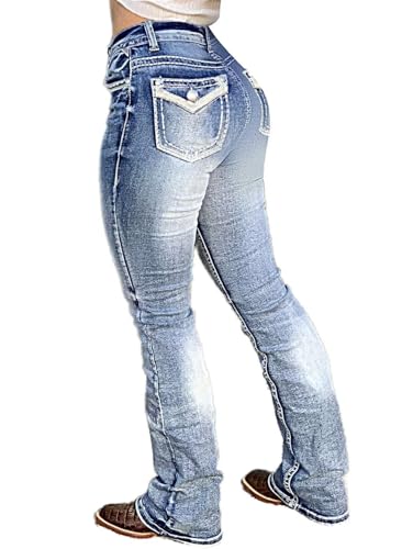 Flamingals Boot Cut Jeans for Women Trendy Stretch Jeans Butt Lifting Jeans Tummy Control Jeans Denim Pants Mid Blue M