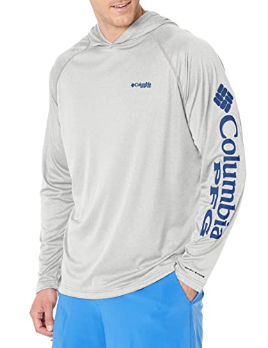 Columbia Men's Terminal Tackle Heather Hoodie, Cool Grey Heather/Vivid Blue Logo, Large