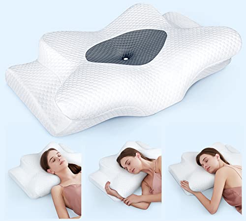 Emircey Adjustable Neck Pillows for Pain Relief Sleeping, Hollow Contour Ergonomic Plus Odorless Cervical Memory Foam Orthopedic Bed Pillow Support for Side Back Stomach Sleeper