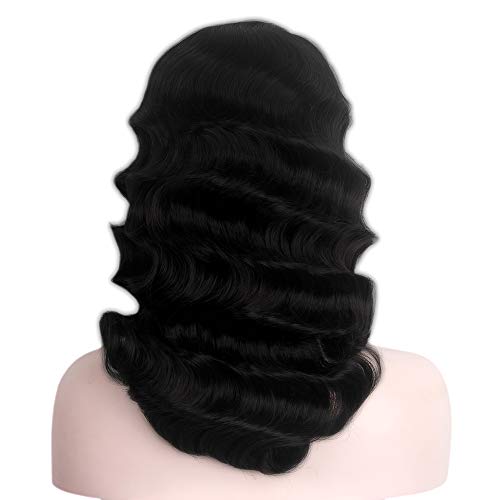 STfantasy Finger Wave Wigs 1920s Retro Long Curly Brown Synthetic Hair for Women Cosplay Halloween Party Costume (Black)