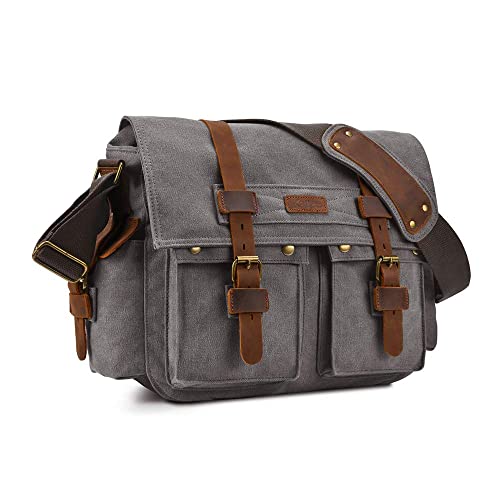 Kattee Military Messenger Bag Canvas Leather Shoulder Bag Fits 14.7 Inch Laptop (Dark Grey
