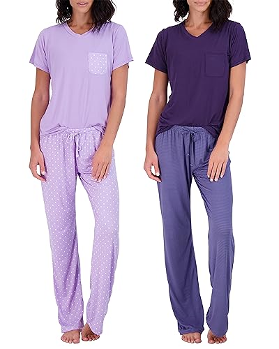 Real Essentials Women’s Pajama Sets Ladies Short Sleeve V-Neck Tops Pants Bottoms Bamboo Pijama Mujer comfy Soft PJ fashion Sleepwear Lightweight Sleep Lounge Night Wear, Set 2, XL, Pack of 2