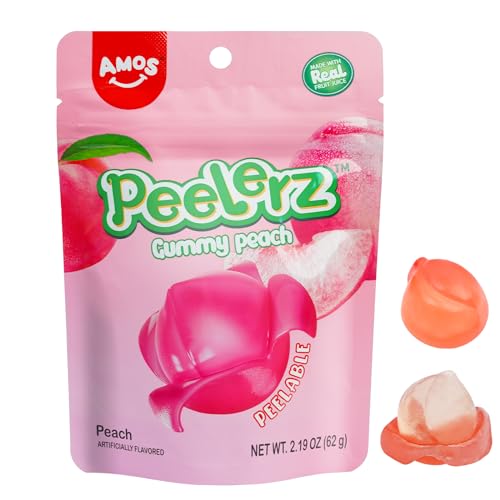 Amos Peelzer Gummy Peach Peeling Candy, Peelable Fruit Snacks, Resealable 2.19oz Bag (Pack of 3)
