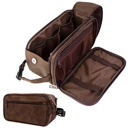 PAVILIA Toiletry Bag for Men, Travel Essentials Shaving Dopp Kit, Mens Travel Bag Toiletries Organizer Case for Grooming, PU Leather Water Resistant Cosmetic Bag Pouch (Dark Brown)