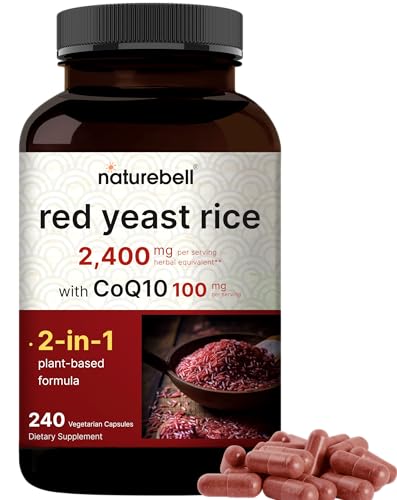NatureBell Red Yeast Rice 2,400mg with CoQ10 100mg | 240 Veggie Capsules (1,200mg Per Capsule) – Max Strength Herbal Supplement – Antioxidant Support for Energy & Heart Health – Non-GMO