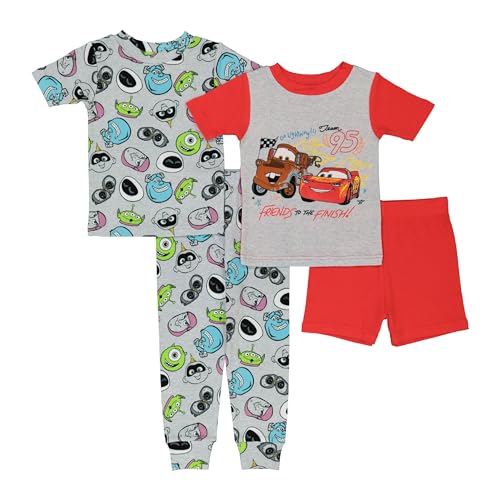 Disney Boys' Pixar Collection 4-Piece Snug-Fit Cotton Pajamas Set, PIXAR MASHUP, 3T