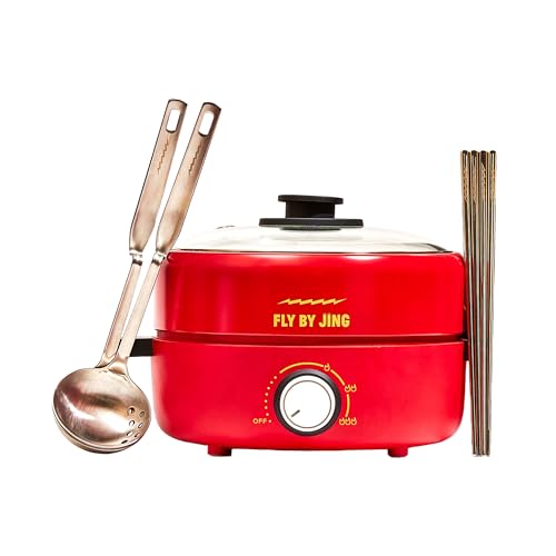 FLYBYJING Hot Pot Set | Electic Cooking Pot Complete with Temperature Control, 4 Silver Chopsticks & 2 Slotted Spoons | Make Delicious Sichuan Hot Pot at Home | Perfect for Dinner Parties