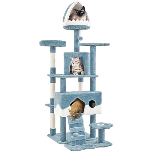 Yaheetech Cat Tree, 72.5inch Ocean-Themed Cat Tree Tower, Multi-Level Large Cat Tree for Indoor Cats with Shark's Mouth Bed & 2 Big Condos & 2 Wide Perches & Funny Toys, Blue & White