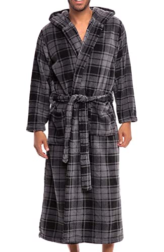 Alexander Del Rossa Men’s Robe, Plush Fleece Hooded Bathrobe with Pockets, Gray Plaid, 1X-2X (A0125R402X)