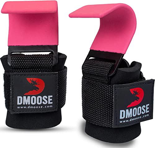 DMoose Weight Lifting Hooks (Pair), Hand Grip Support Wrist Straps for Men and Women, 8 mm Thick Padded Neoprene, Deadlift, Powerlifting, Pull up bar, Liftups, Shrugs (Pink (Flat Hook))