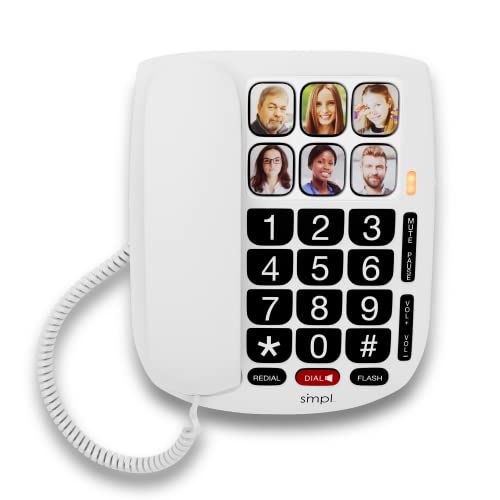 SMPL Hands-Free Dial Photo Memory Corded Phone, One-Touch Dialing, Large Buttons, Flashing Alerts, Durable, Perfect for Seniors, Alzheimer's, Dementia, Hearing Impaired, Handset Volume Increase