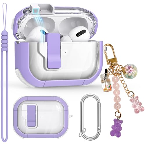 Clear Case for AirPods Pro 2nd/1st Generation Case, Automatic Snap Switch Secure Lock Case for Apple Airpod Pro 2&1 Gen Case Cover with Silicone Wrist Strap Cute Candy Keychain for Women,Purple