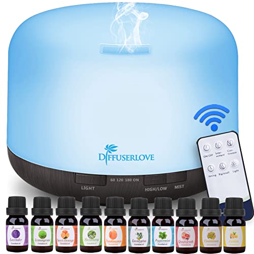 Diffuserlove Essential Oil Diffuser 500ML Ultrasonic Aromatherapy Diffuser Mist Humidifiers with Mute Design, Timer and Waterless Auto Shut-Off, 7 Color LED Lights for Office Home Bedroom