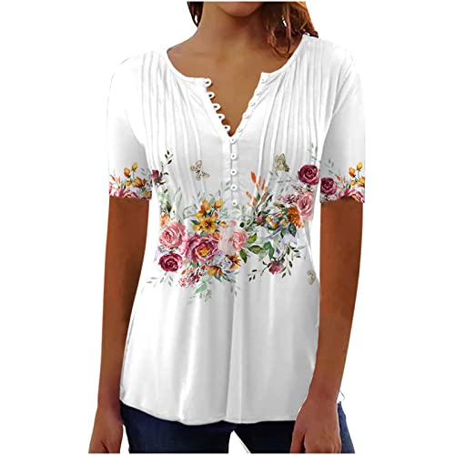 SKDOGDT Womens Tops Hide Belly Fat Shirts Summer Pleated Button V Neck T-Shirt Casual Empire Waist A-Line Floral Tunic Tops