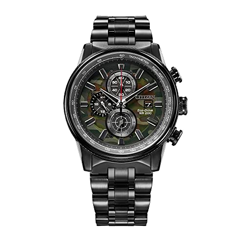 Citizen Men's Eco-Drive Weekender Nighthawk Chronograph Watch in Black IP Stainless Steel, Camo Dial, 43mm (Model: CA0805-53X)