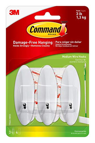 Command Medium Wire Hooks, White, Indoor Use, 3-Hooks, 4-Strips, Organize Damage-Free