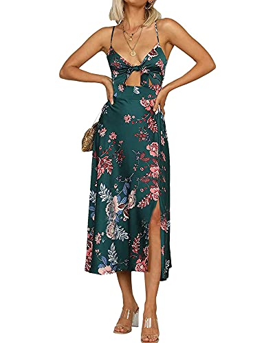 Fashionme Women Spaghetti Strap Midi Satin Dresses Tie Front Backless Split Summer Casual Floral Dress Hollow Flowy Slip Sundress Wedding Guest Beach Cocktail Graduation Dark Green