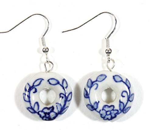 Blue Delft Rings, Blue and White Porcelain Earrings, Dangle 1.25 Inches