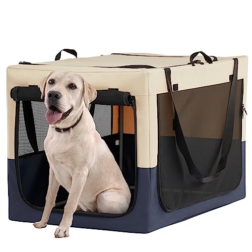 A4Pet Portable Dog Crate 36 inch, Fune-Tune The Tightness of Fabric Cover, Support Pipes Nested Together for Increased Stability, Collapible Dog Crate Blue& Beige