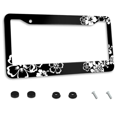 Personalized License Plate Frame Beautiful Hibiscus Flowers Stainless Steel License Plate Holder Accessory Decorative 2 Holes and Screws Fits US Standard License Plates 12.2 x 6.3 in for Men Women