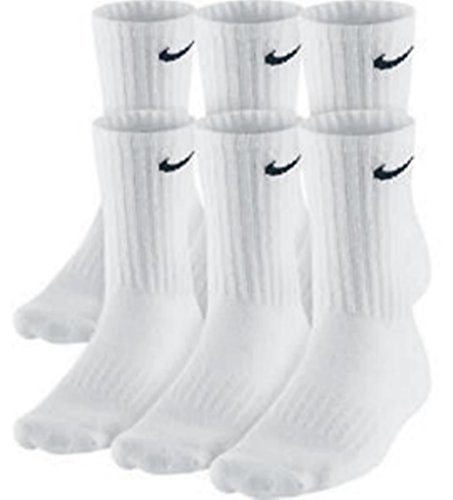 NIKE Dri-Fit Classic Cushioned Crew Socks 6 PAIR White with Black Swoosh Logo) LARGE 8-12