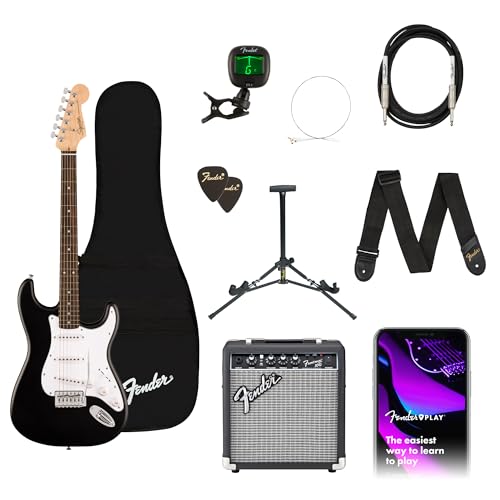 Fender Squier Debut Series Stratocaster Electric Guitar Kit, Beginner Guitar Kit, with 2-Year Warranty, with Padded Gig Bag, Frontman 10G Amp, Guitar Strap, and More, Includes Free Lessons, Black