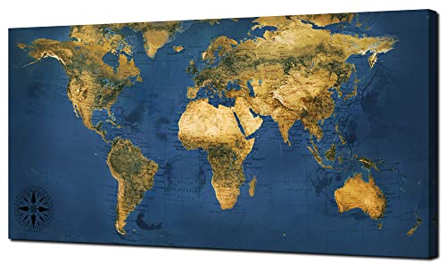 Acocifi World Map Wall Art Large Blue Canvas Old World Map Picture Retro Prints Vintage Nautical Painting Artwork for Living Room Bedroom Study Room Home Office Large Wall Decor Framed 40'x20'