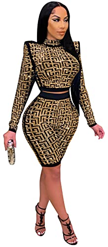 Womens Sexy 2 Pieces Rhinestone Crop Tops Bodycon Shorts Party Clubwear Tracksuit Outfits Set Golden