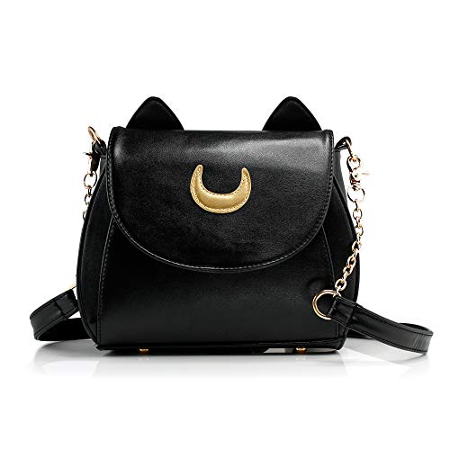 Oct17 Moon Luna Design Purse Kitty Cat satchel shoulder bag Designer Women Handbag Tote PU Leather Sailer Style (Black)
