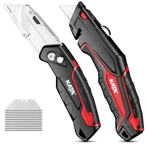 KATA 2Pack Utility Knife Box Cutter Retractable Folding Razor Knife Set Heavy Dudy Safety Cutter, 10pcs SK5 Sharp Blades Included, Red