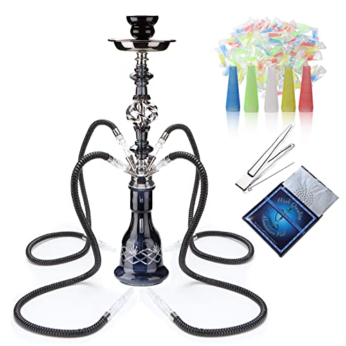 Hookah Set With Everything 4 Hose - GRENAOH 22' Premium Hookah Shisha set with Glass Vase, Ceramic Bowl and Coal Tongs Ashtray (4-black)