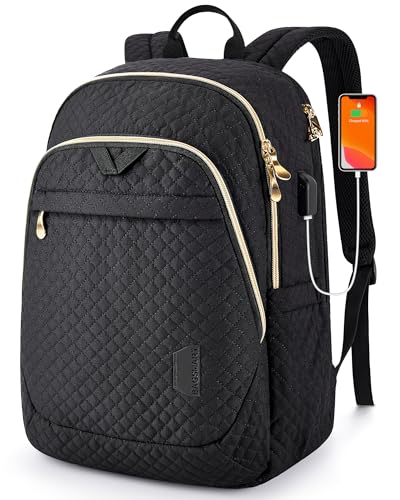 BAGSMART Travel Laptop Backpack Women, 15.6 Inch Anti Theft Laptop Backpack with USB Charging Port, Casual Daypack College Bookbag Computer Backpack for Work, Quilted Black