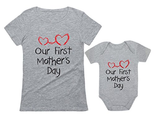 Tstars Our First Mothers Day Mommy and Me Matching Outfits Mom and Baby Shirts Set Mom Gray Large/Baby Gray Newborn (0-3M)