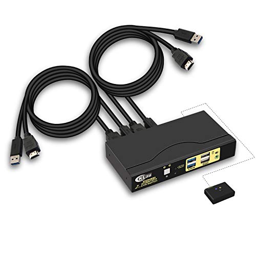 CKLau 4K@60Hz 2 Port KVM Switch HDMI Monitor Switch with Audio, All Input Cables and 2 pcs USB 3.0 Hub, Computer Switch for 2 Computers Sharing Keyboard Mouse Monitor Support EDID, Hotkey Switching