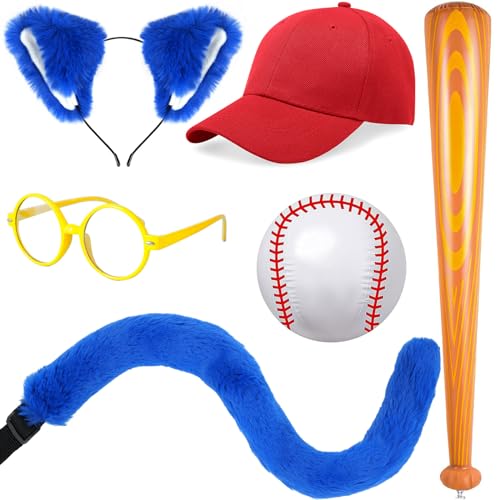Long Fur Cat Ears Headband,Red Baseball Cap and Fur Cat Tail,Baseball Bat Inflates and Yellow Glasses Set Halloween Cat Costume Accessories Kitty Cosplay Kits