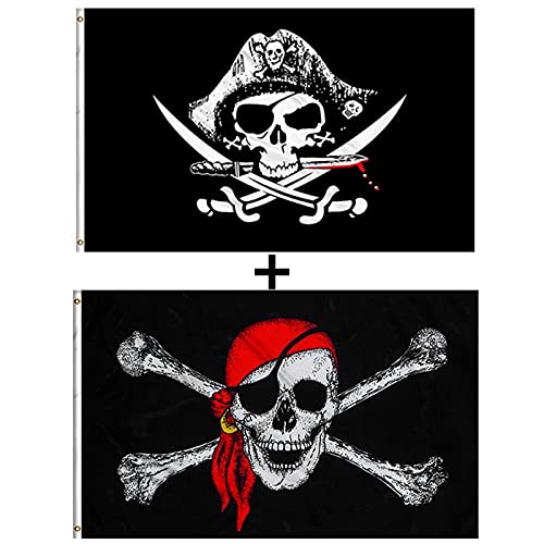 GAKA 3x5 FT Pirate Flags Cross Knife Flag and Jolly Roger (Red Scarf) Flag 2 Pack