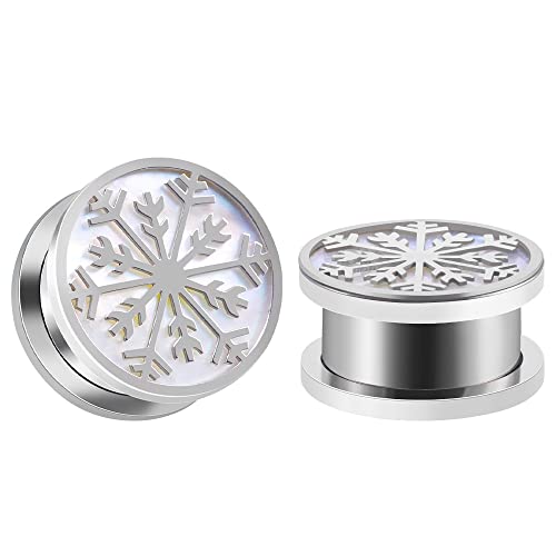 COOEAR Screw Back Gauges for Ears Piercing White Seashell Style Snowflake Ear Plugs and Tunnels 2g to 1 Inch.