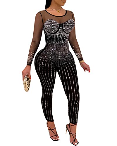 PORRCEY Sexy Women Long Sleeve Hot Drilling Process Jumpsuit Tights Party Club Night(K8978,Black,L)