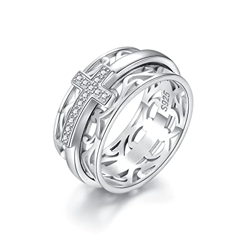Sterling Silver Cross Fidget Ring Fidget Spinning Meditation Rings for Women Anti Anxiety Relieving Stress (7)