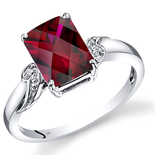 PEORA Created Ruby and Genuine Diamond Classic Ring for Women 14K White Gold, 3 Carats Radiant Cut 9x7mm, Size 7