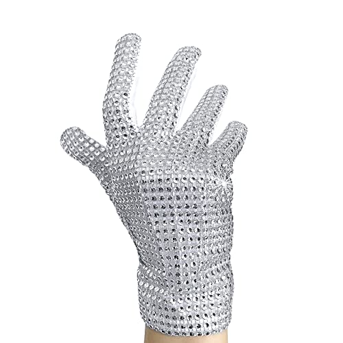 FFtto Rhinestone Gloves for Kids Sparkling Michael Billie Jean Sequin Gloves for party show halloween christmas gift with 2 Jackson Badges (Right Hand Glove)