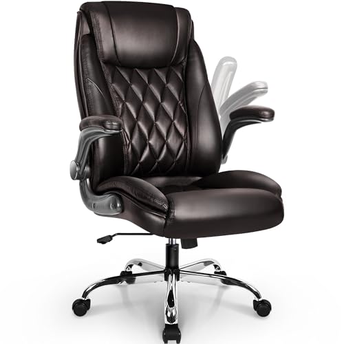 NEO CHAIR Office Chair Computer High Back Adjustable Flip-up Armrests Ergonomic Desk Chair Executive Diamond-Stitched PU Leather Swivel Task Chair with Armrests Lumbar Support (Dark Brown)