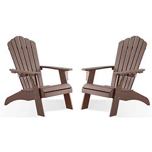 Psilvam Adirondack Chair, Oversized Poly Lumber Fire Pit Chair with Cup Holder, 350Lbs Support Patio Chairs for Garden, Weather Resistant Adirondack Chair Looks Like Real Wood (2, Brown)