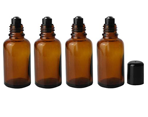 4Pcs Brown Glass Roll-on Bottles Empty Refillable Glass Roller Bottles with Stainless Steel Roller Balls and Black Cap for Essential Oil Perfumes Lip Balms Attar Container size 30ml/1oz