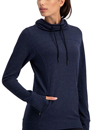 Three Sixty Six Dry Fit Running Pullover Womens - Fleece Cowl Neck Run Sweater Jacket - Zip Pockets and Thumbholes Blue