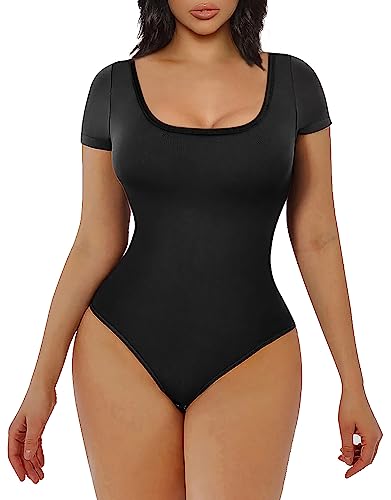 YIANNA Bodysuit for Women Tummy Control Shapewear Seamless Short Sleeve Square Neck Thong Sculpting Body Shaper,YA5253-Black-L/XL