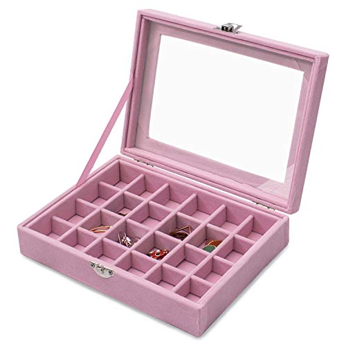 Lainrrew 24 Grid Velvet Jewelry Box, Jewelry Display Showcase Tray Earrings Rings Necklaces Bracelet Organizer Holder Jewelry Storage Box Case for Girls Women Mom Wife (Pink)
