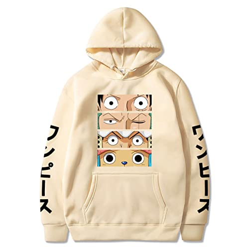 Sybnwnwm Hoodie Luffy Zoro Chopper Printed Pullover Anime Hoodies Long Sleeve Sweatshirt Unisex Beige
